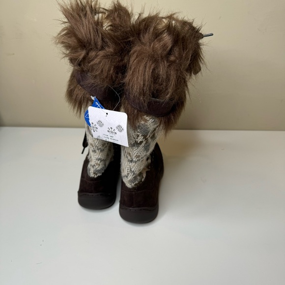 MUKLUKS BROWN FAUX SUEDE & FUR KNITTED SIDES LACE UP KNEE HIGH BOOTS SZ 7 - Picture 4 of 10